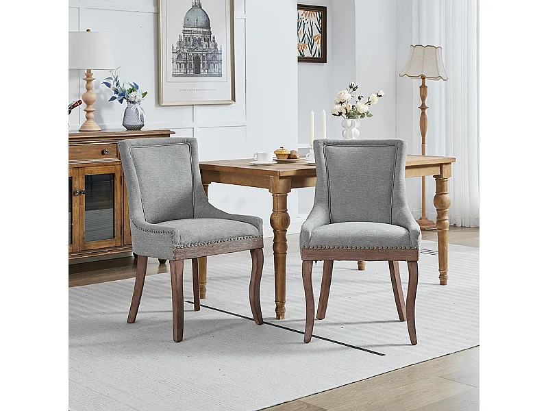 Extra brede eetkamerstoelen, gestoffeerde zittingen, bronzen spijkers, set van twee, grijs