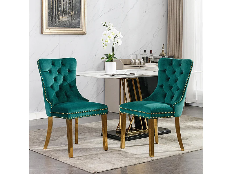 Sedia da pranzo imbottita in 2 pezzi con gambe in acciaio inossidabile cromato, rivestimento con borchie, tappezzeria in velluto, verde