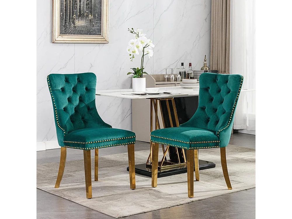 Chaise à manger rembourrée en 2 pièces avec jambes en acier inoxydable chromé, garniture à tête d'ongle, tapisserie en velours,Vert