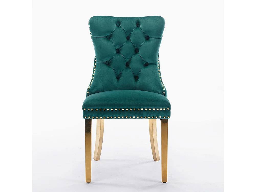 Chaise à manger rembourrée en 2 pièces avec jambes en acier inoxydable chromé, garniture à tête d'ongle, tapisserie en velours,Vert