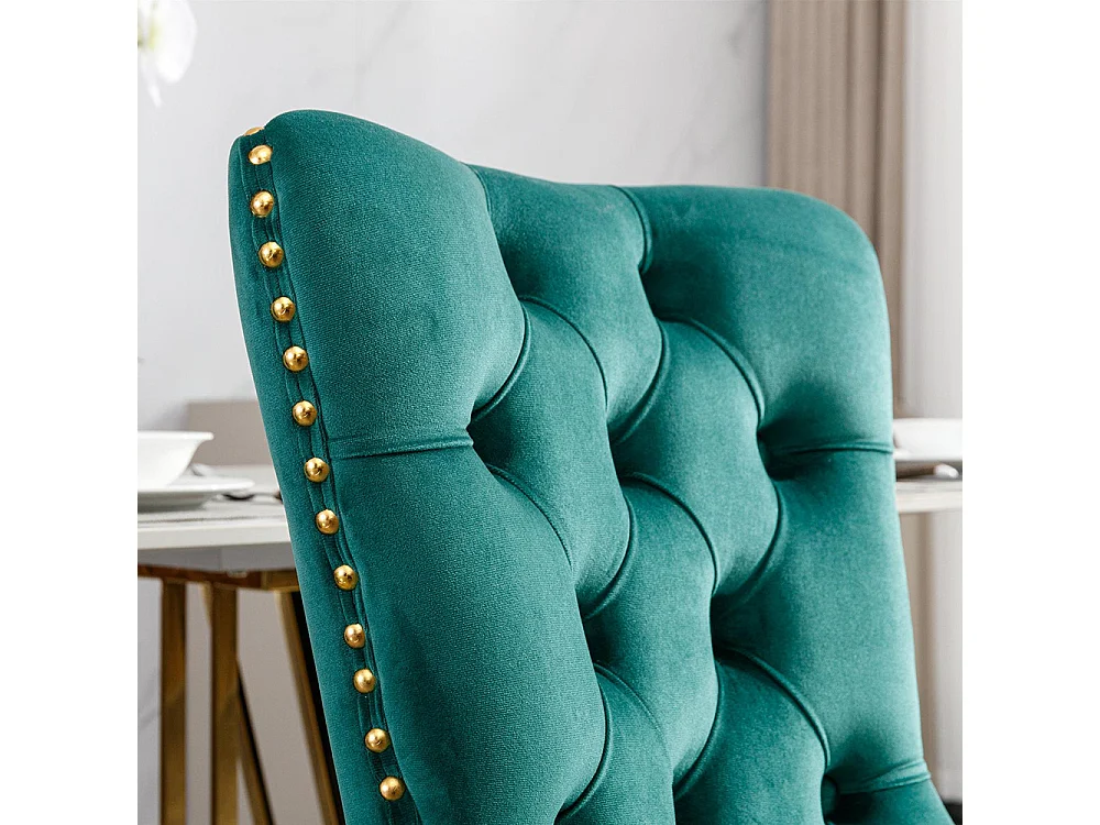 Chaise à manger rembourrée en 2 pièces avec jambes en acier inoxydable chromé, garniture à tête d'ongle, tapisserie en velours,Vert