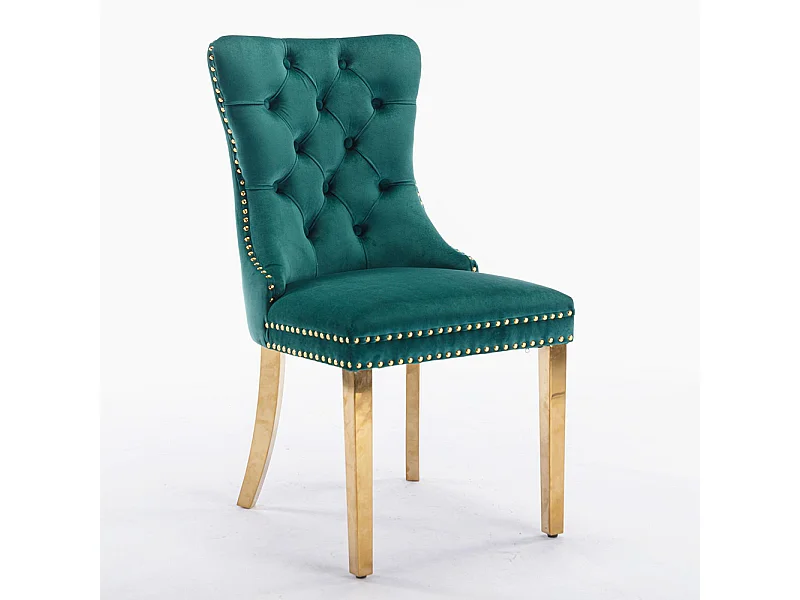 Sedia da pranzo imbottita in 2 pezzi con gambe in acciaio inossidabile cromato, rivestimento con borchie, tappezzeria in velluto, verde