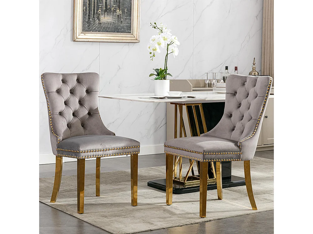 Silla de comedor tapizada de 2 piezas con patas de acero inoxidable cromado, tapizado con tachuelas, tapicería de terciopelo, colores gris y dorado
