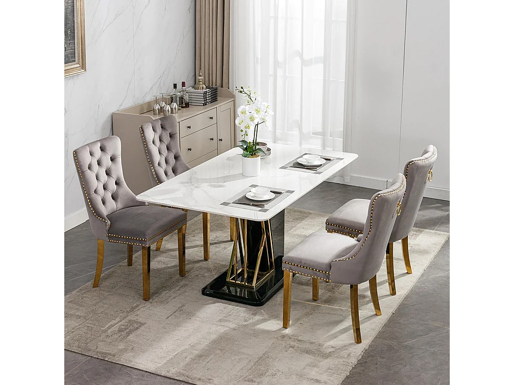 Silla de comedor tapizada de 2 piezas con patas de acero inoxidable cromado, tapizado con tachuelas, tapicería de terciopelo, colores gris y dorado