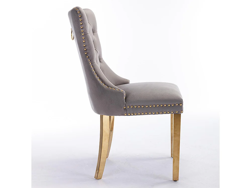Silla de comedor tapizada de 2 piezas con patas de acero inoxidable cromado, tapizado con tachuelas, tapicería de terciopelo, colores gris y dorado