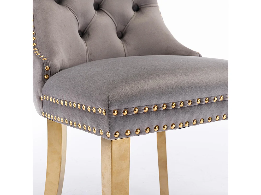 Silla de comedor tapizada de 2 piezas con patas de acero inoxidable cromado, tapizado con tachuelas, tapicería de terciopelo, colores gris y dorado