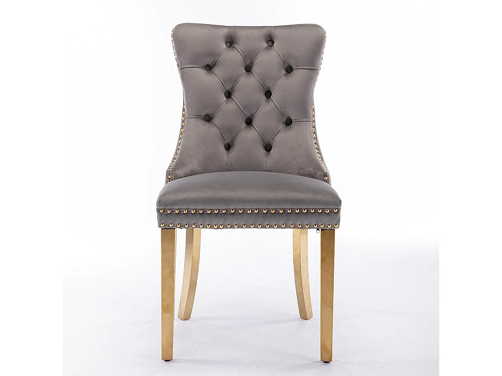 Chaise à manger rembourrée en 2 pièces avec jambes en acier inoxydable chromé, garniture à tête d'ongle, tapisserie en velours,coloris gris et or