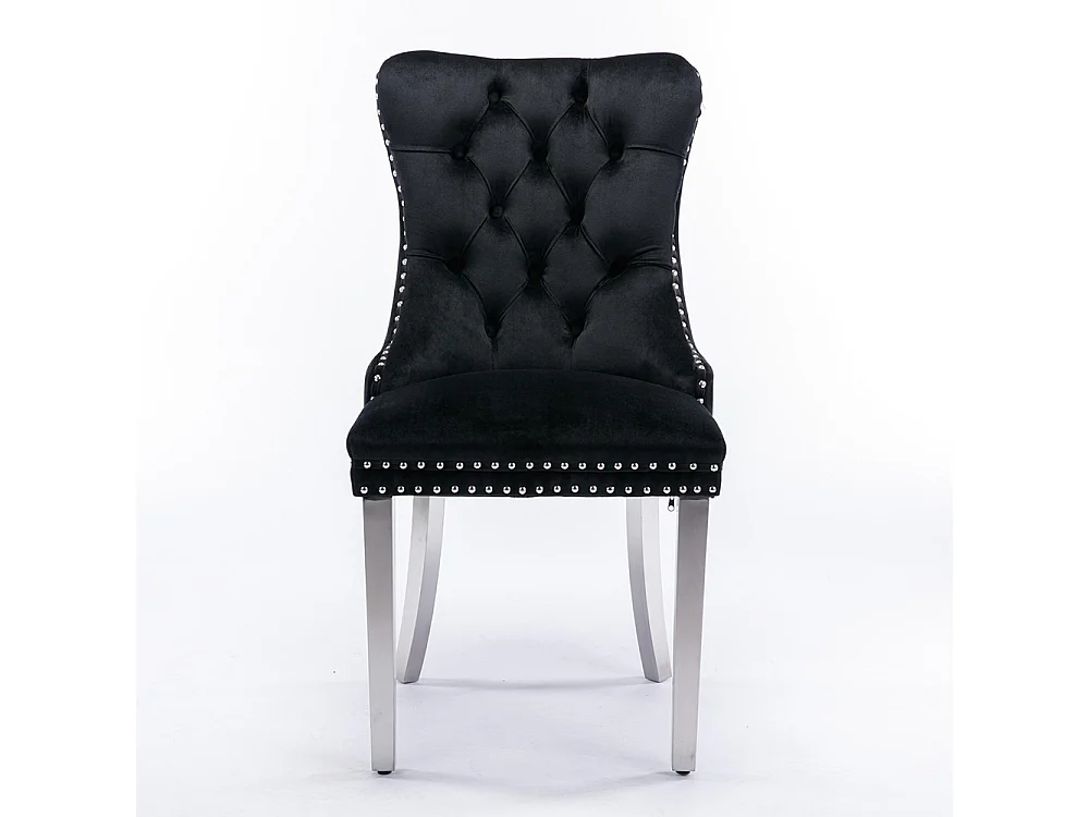 Ensemble de deux chaises de salle à manger en velours, avec pieds en acier inoxydable chromé et garniture à clous, noir.