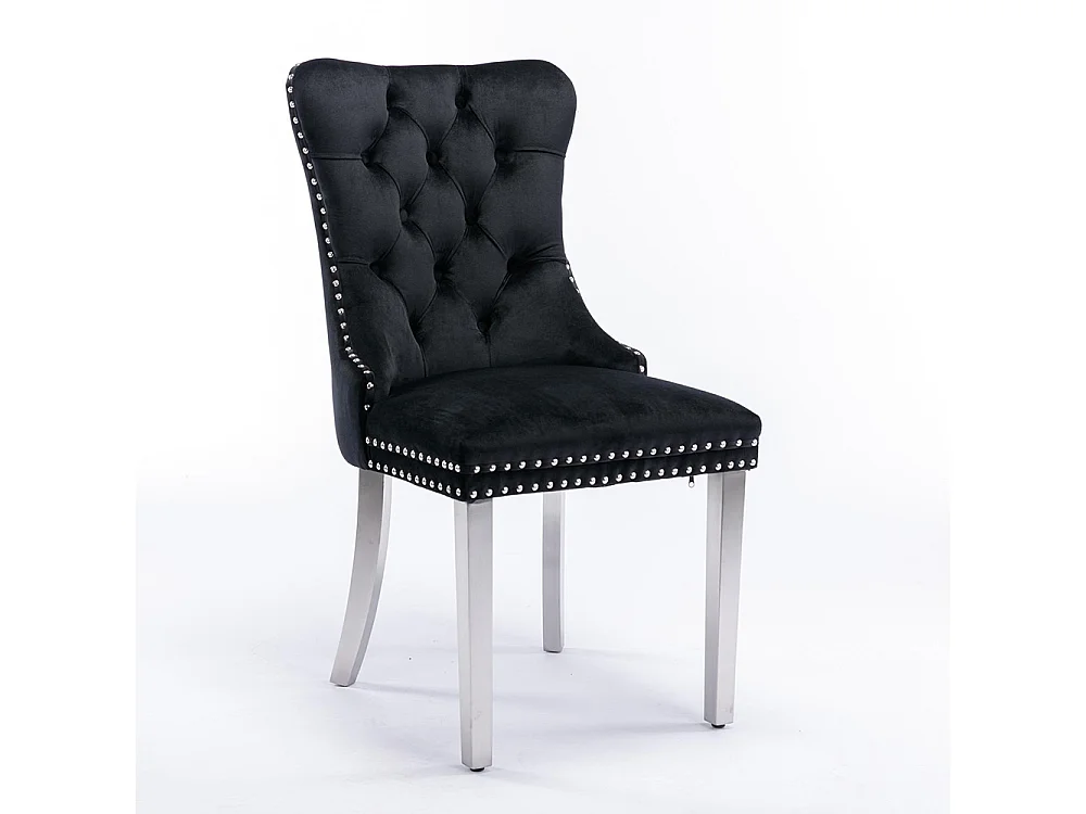 Ensemble de deux chaises de salle à manger en velours, avec pieds en acier inoxydable chromé et garniture à clous, noir.