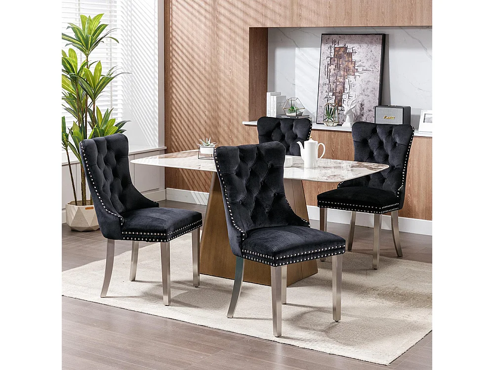 Ensemble de deux chaises de salle à manger en velours, avec pieds en acier inoxydable chromé et garniture à clous, noir.