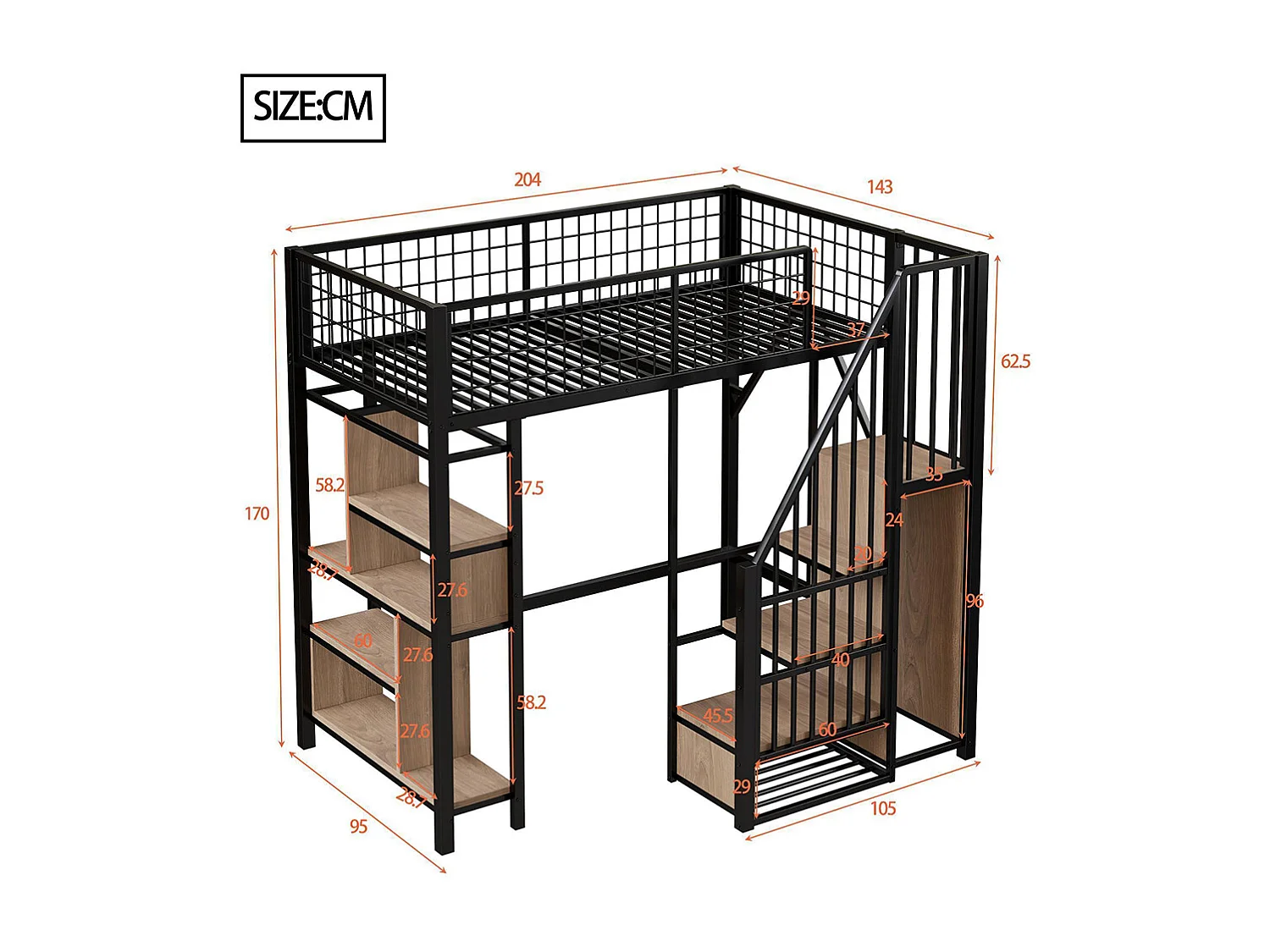 Lit mezzanine, 90 x 200 cm, lit métallique avec espace de rangement, étagère et échelle, noir