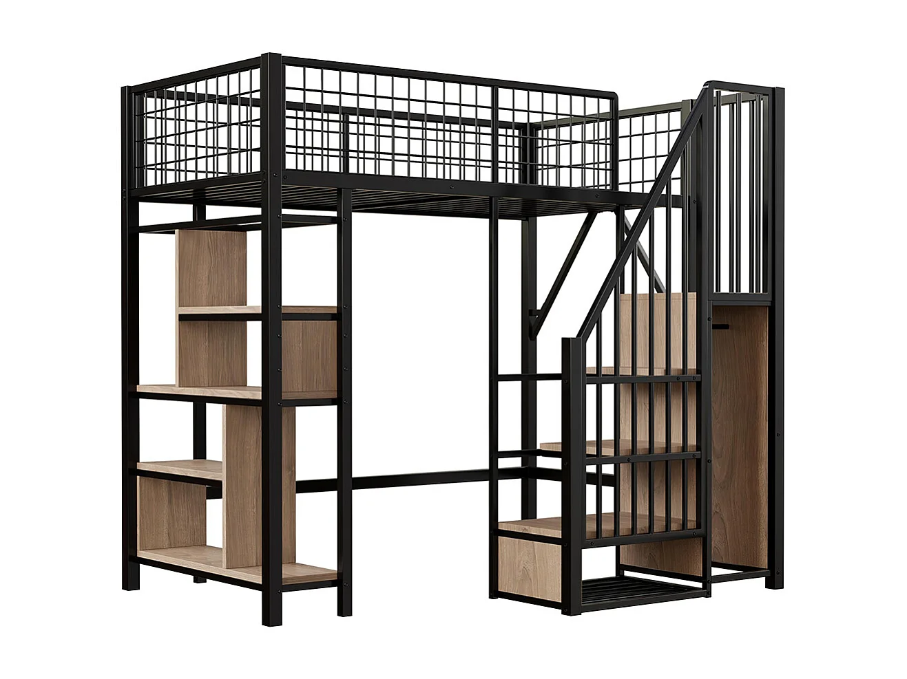 Lit mezzanine, 90 x 200 cm, lit métallique avec espace de rangement, étagère et échelle, noir