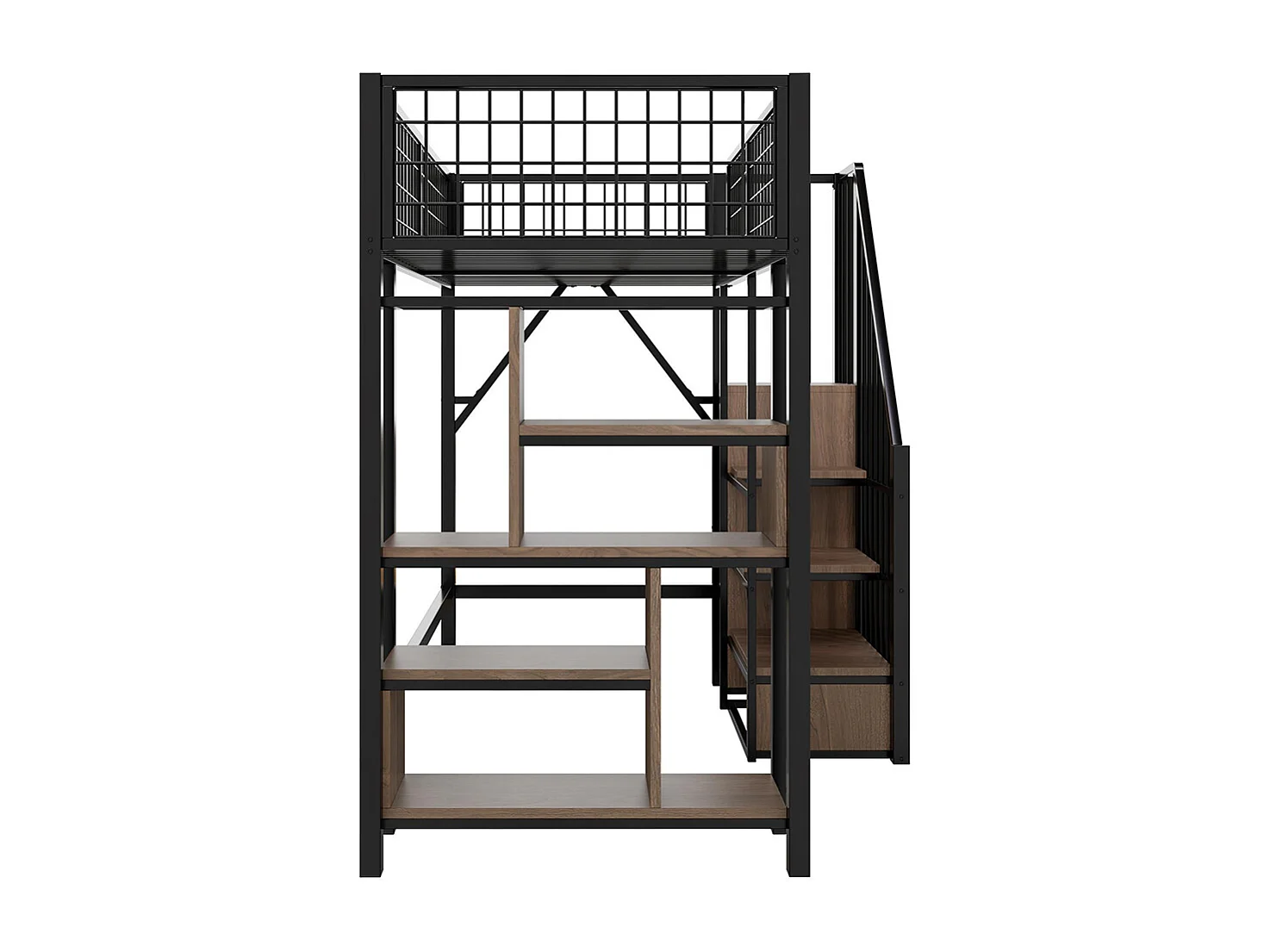 Lit mezzanine, 90 x 200 cm, lit métallique avec espace de rangement, étagère et échelle, noir