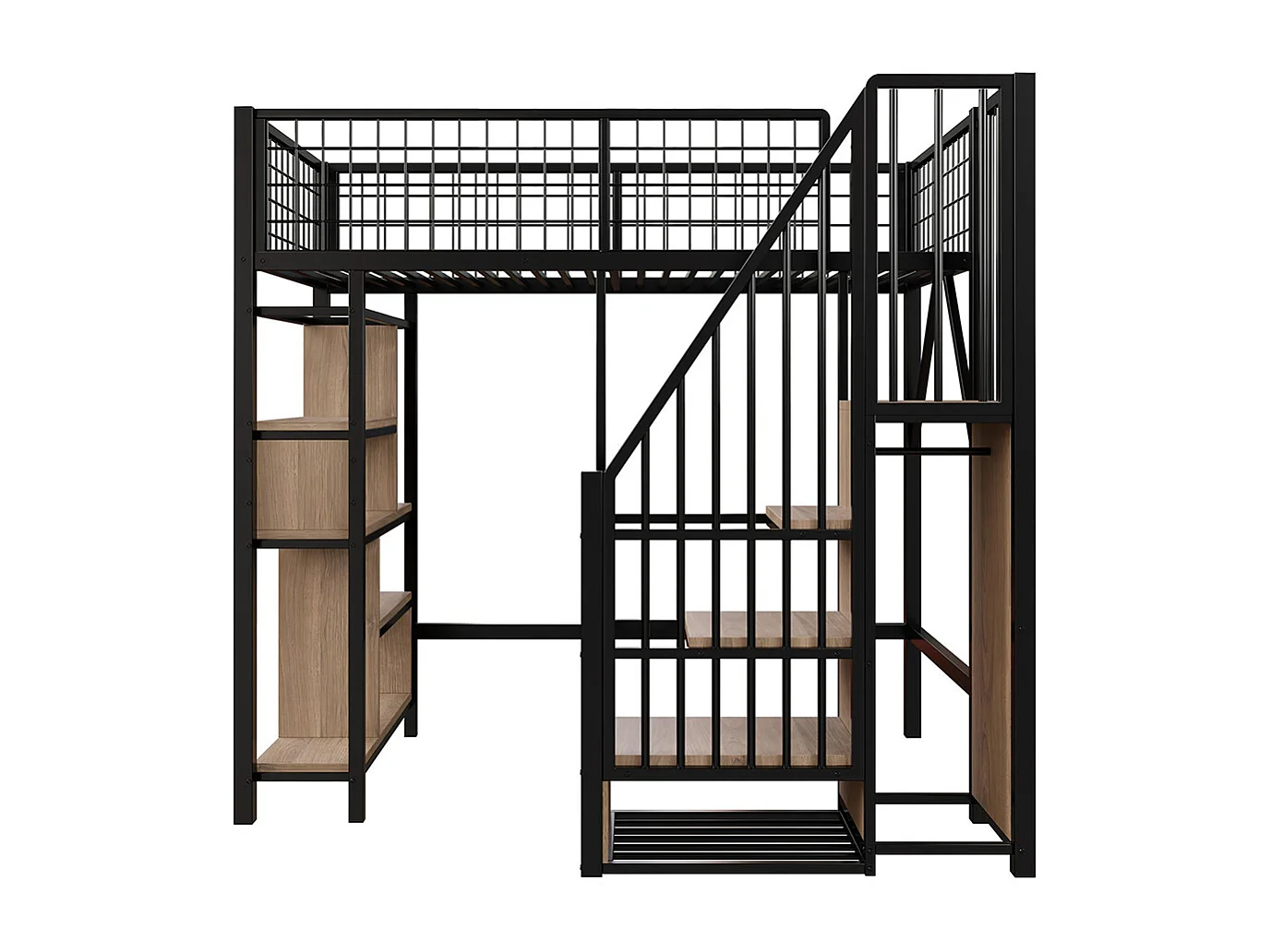 Lit mezzanine, 90 x 200 cm, lit métallique avec espace de rangement, étagère et échelle, noir