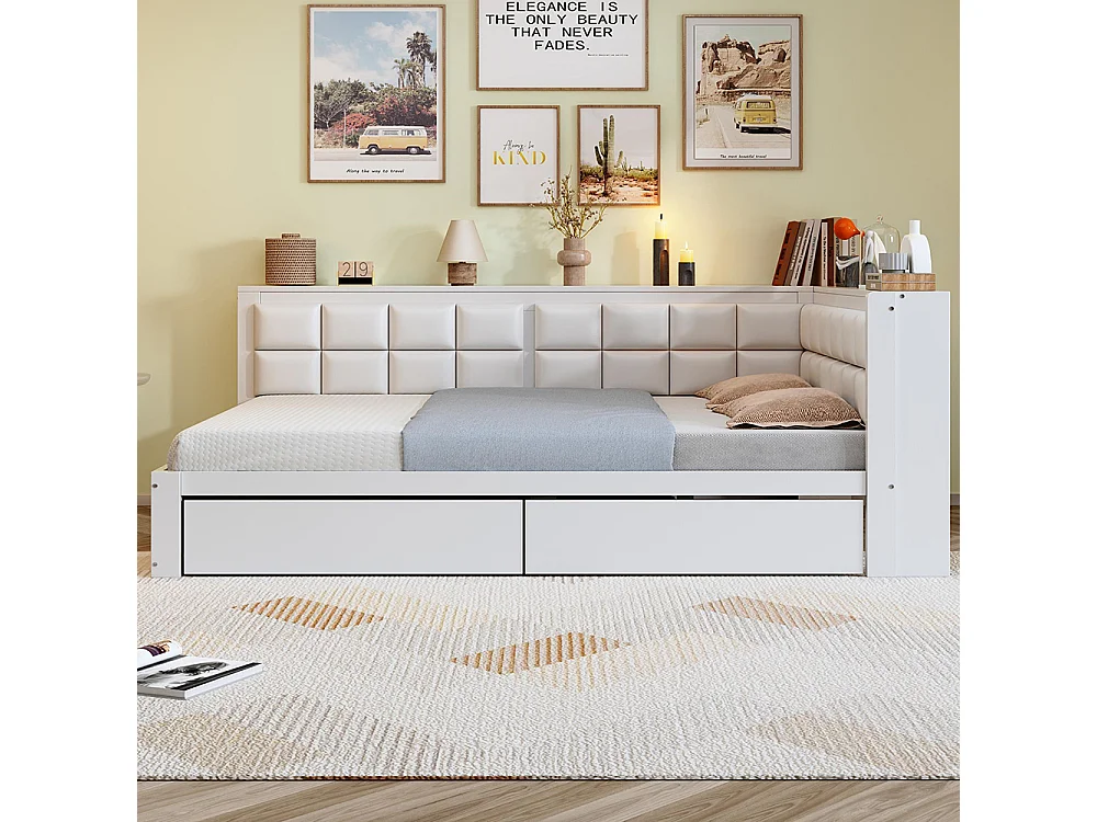 Canapé-lit 140 x 200 cm, lit multifonctionnel avec dossier moelleux et grands tiroirs de rangement, structure en pin, blanc