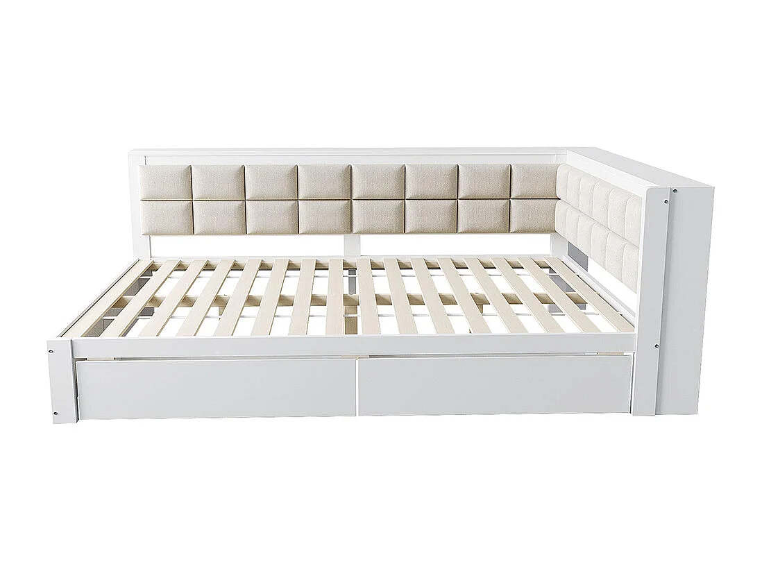 Canapé-lit 140 x 200 cm, lit multifonctionnel avec dossier moelleux et grands tiroirs de rangement, structure en pin, blanc