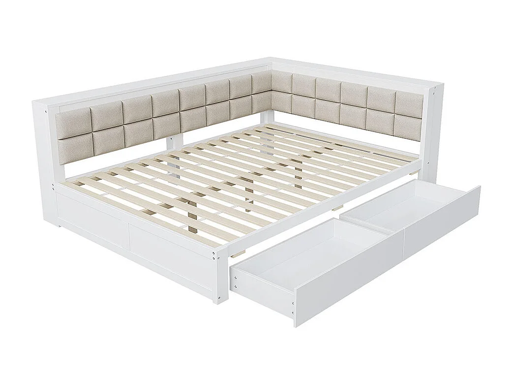 Canapé-lit 140 x 200 cm, lit multifonctionnel avec dossier moelleux et grands tiroirs de rangement, structure en pin, blanc