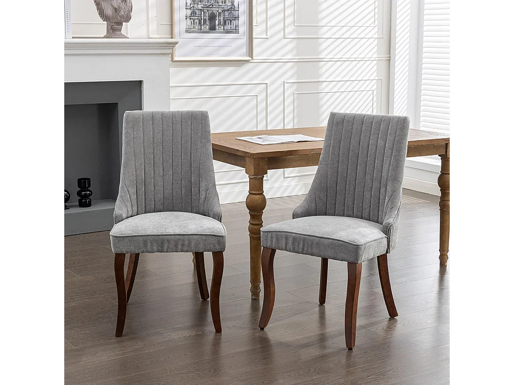 Sillas de comedor, juego de dos, tapizadas en tela con acolchado mullido, patas curvadas de madera maciza, lino, gris