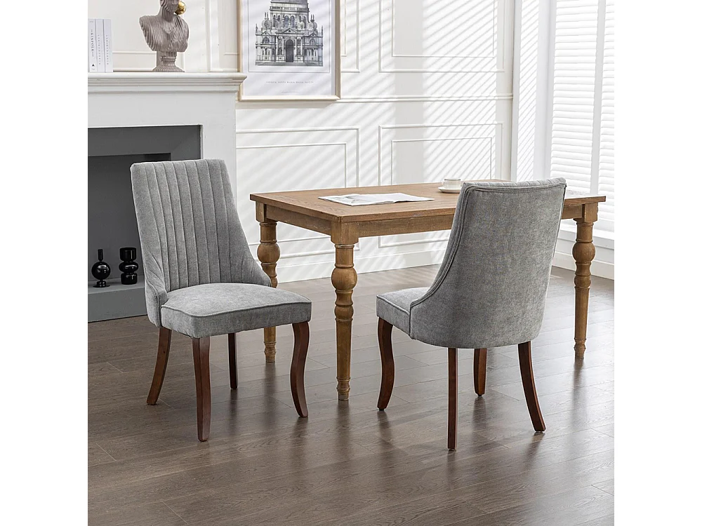Sillas de comedor, juego de dos, tapizadas en tela con acolchado mullido, patas curvadas de madera maciza, lino, gris