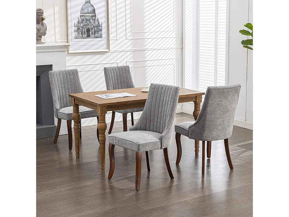 Sillas de comedor, juego de dos, tapizadas en tela con acolchado mullido, patas curvadas de madera maciza, lino, gris