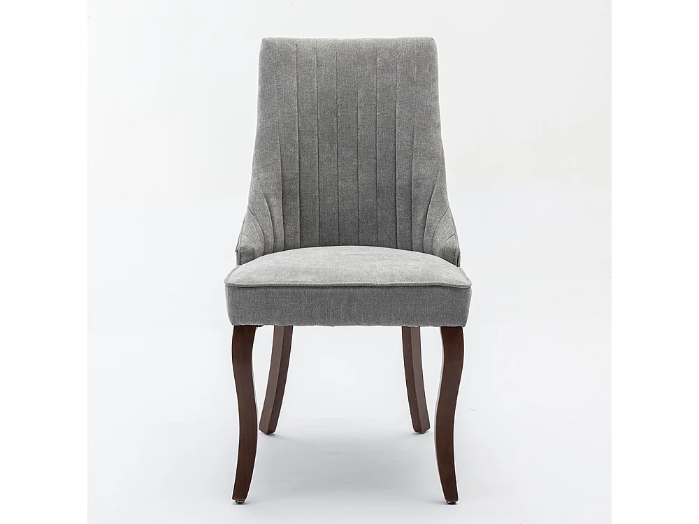 Sillas de comedor, juego de dos, tapizadas en tela con acolchado mullido, patas curvadas de madera maciza, lino, gris