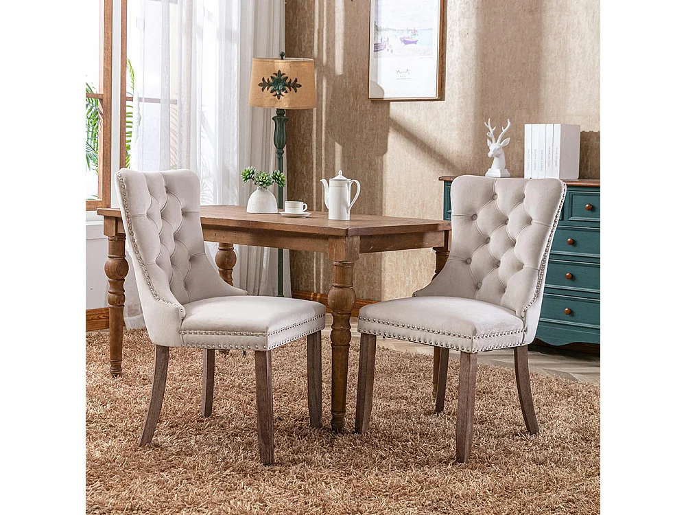 Esszimmerstuhl-Set mit Holzbeinen und Nagelverzierung, Samtbezug, Massivholzgestell, beige