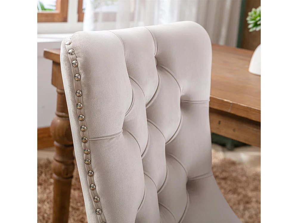 Esszimmerstuhl-Set mit Holzbeinen und Nagelverzierung, Samtbezug, Massivholzgestell, beige