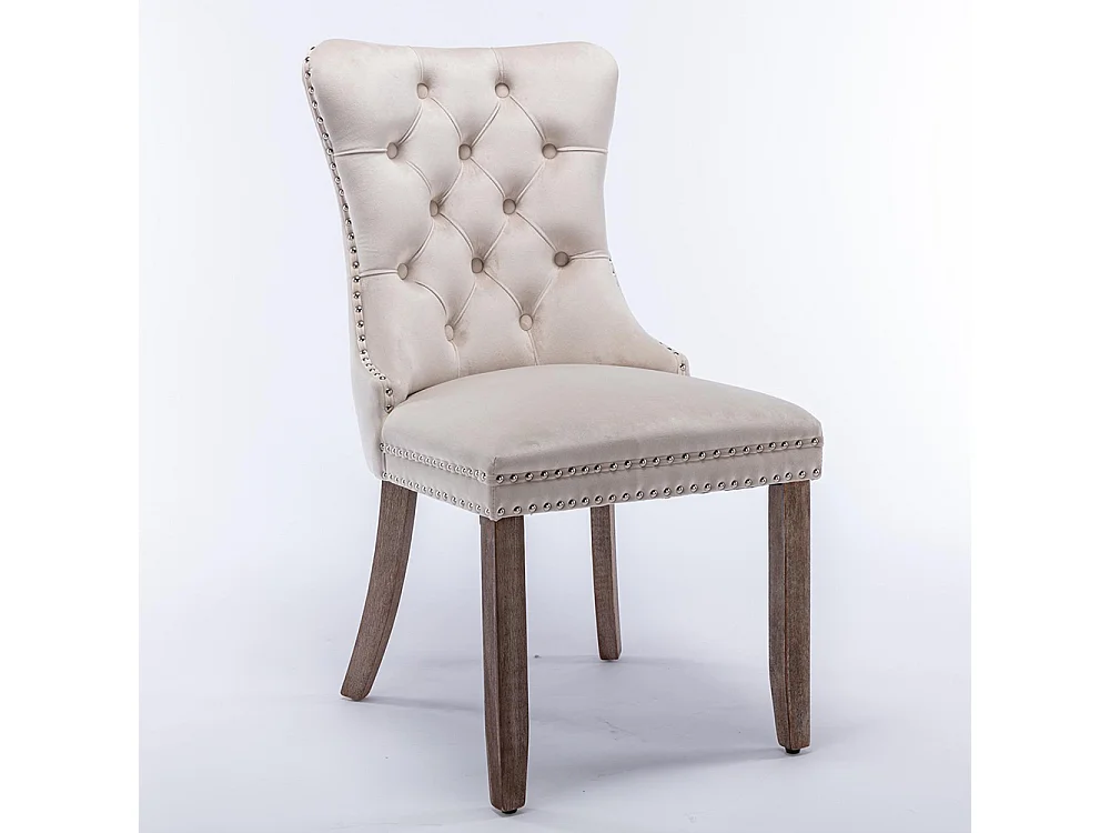 Ensemble de chaises de salle à manger, avec pieds en bois et garniture à clous, revêtement en velours, structure en bois massif,beige