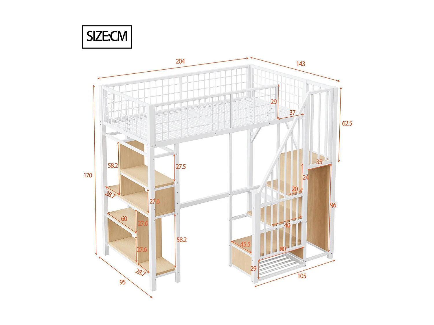 Lit mezzanine, 90 x 200 cm, lit métallique avec espace de rangement, étagère et échelle, blanc