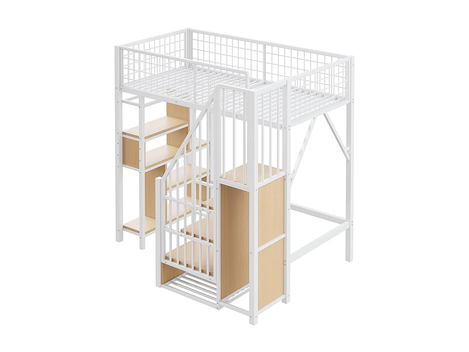 Lit mezzanine, 90 x 200 cm, lit métallique avec espace de rangement, étagère et échelle, blanc