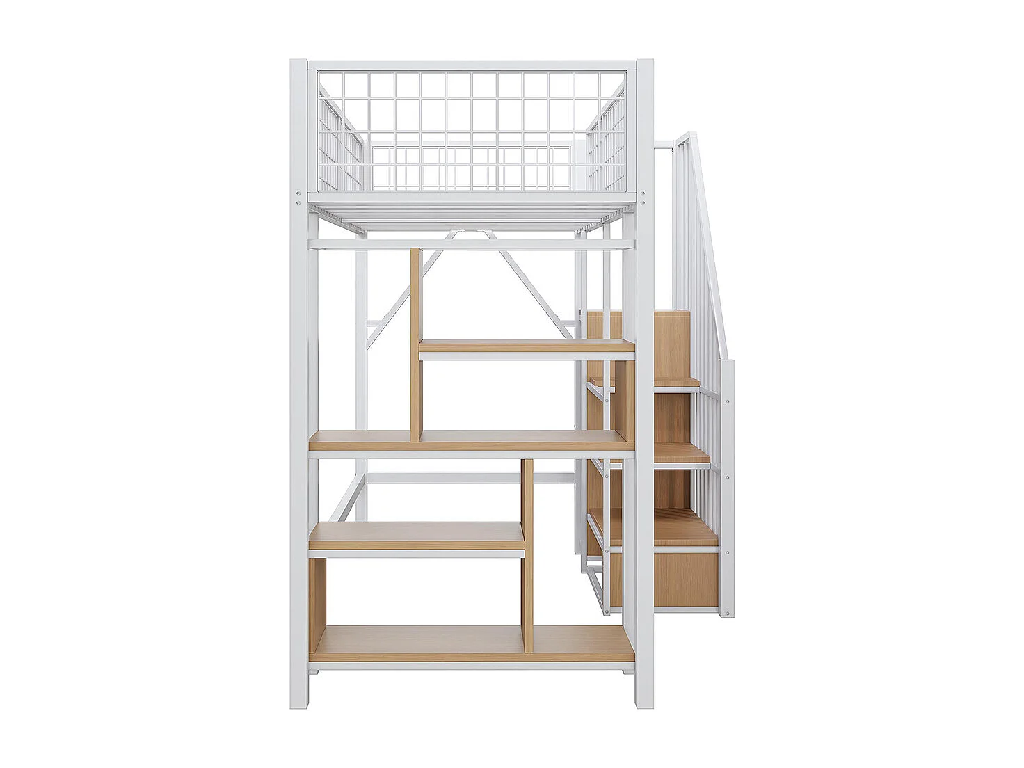 Lit mezzanine, 90 x 200 cm, lit métallique avec espace de rangement, étagère et échelle, blanc