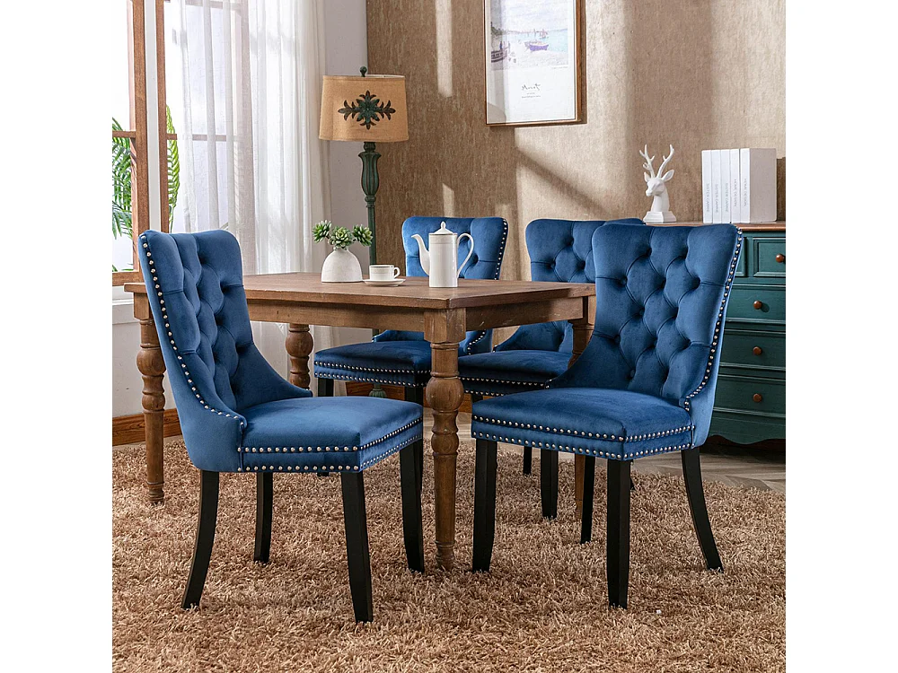 Ensemble de chaises de salle à manger, avec pieds en bois et garniture à clous, revêtement en velours, structure en bois massif,Bleu
