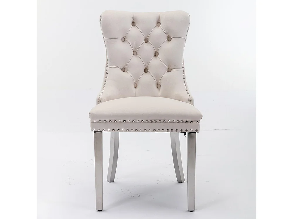 Chaise à manger rembourrée en 2 pièces avec jambes en acier inoxydable chromé, garniture à tête d'ongle, tapisserie en velours,Beige