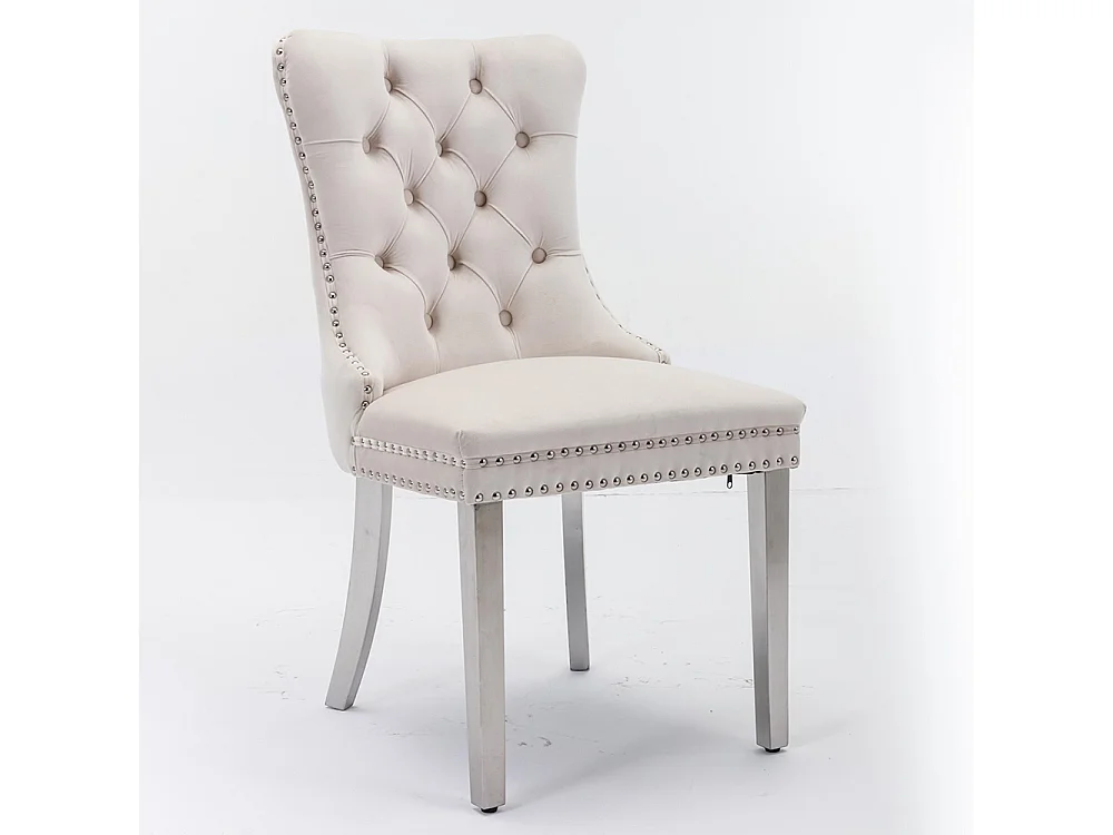 Chaise à manger rembourrée en 2 pièces avec jambes en acier inoxydable chromé, garniture à tête d'ongle, tapisserie en velours,Beige