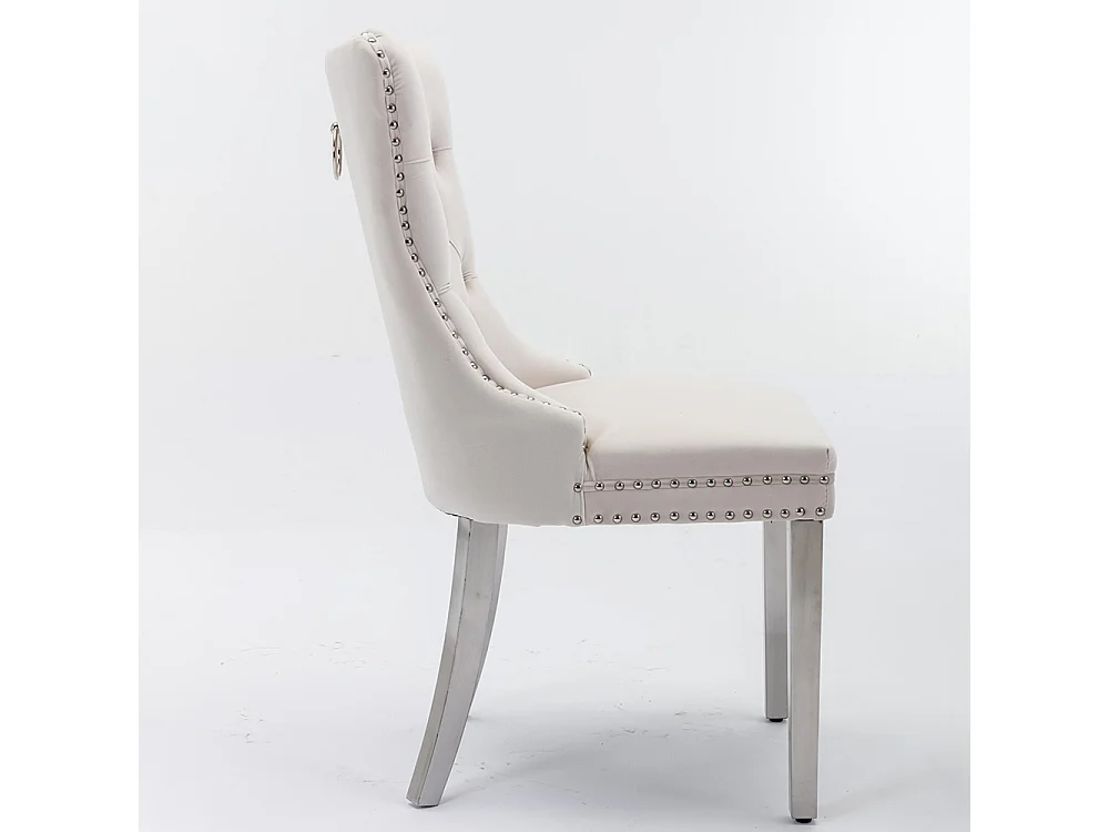 Chaise à manger rembourrée en 2 pièces avec jambes en acier inoxydable chromé, garniture à tête d'ongle, tapisserie en velours,Beige