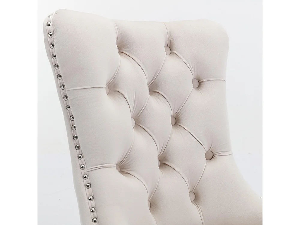 Chaise à manger rembourrée en 2 pièces avec jambes en acier inoxydable chromé, garniture à tête d'ongle, tapisserie en velours,Beige