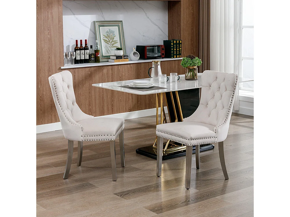 Chaise à manger rembourrée en 2 pièces avec jambes en acier inoxydable chromé, garniture à tête d'ongle, tapisserie en velours,Beige