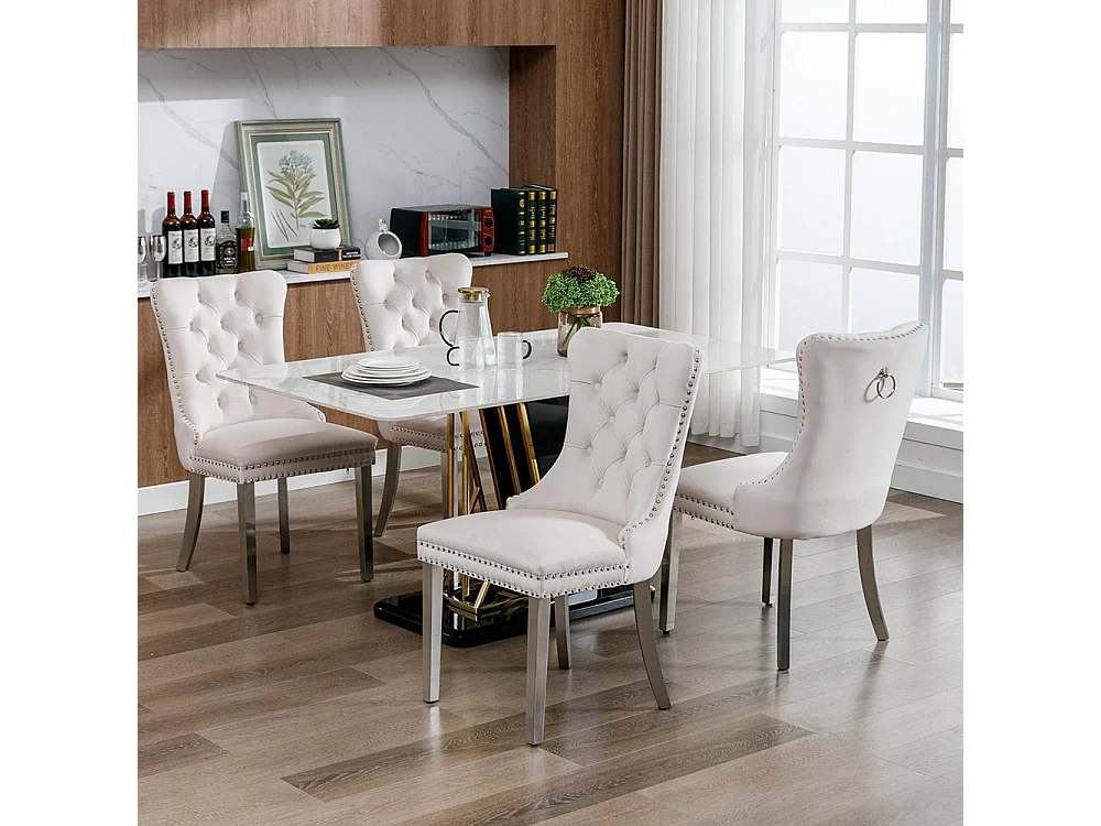 Chaise à manger rembourrée en 2 pièces avec jambes en acier inoxydable chromé, garniture à tête d'ongle, tapisserie en velours,Beige