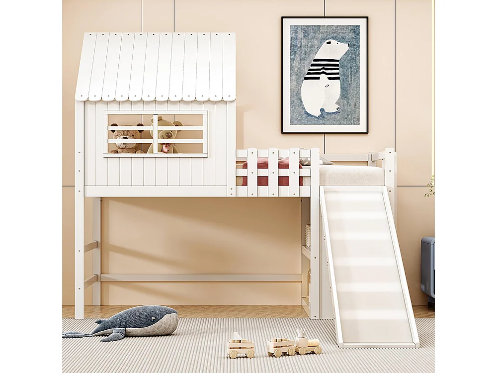 Lit enfant 90 x 200 cm, design mezzanine avec échelle de sécurité et toboggan, étagères de rangement à plusieurs niveaux, blanc