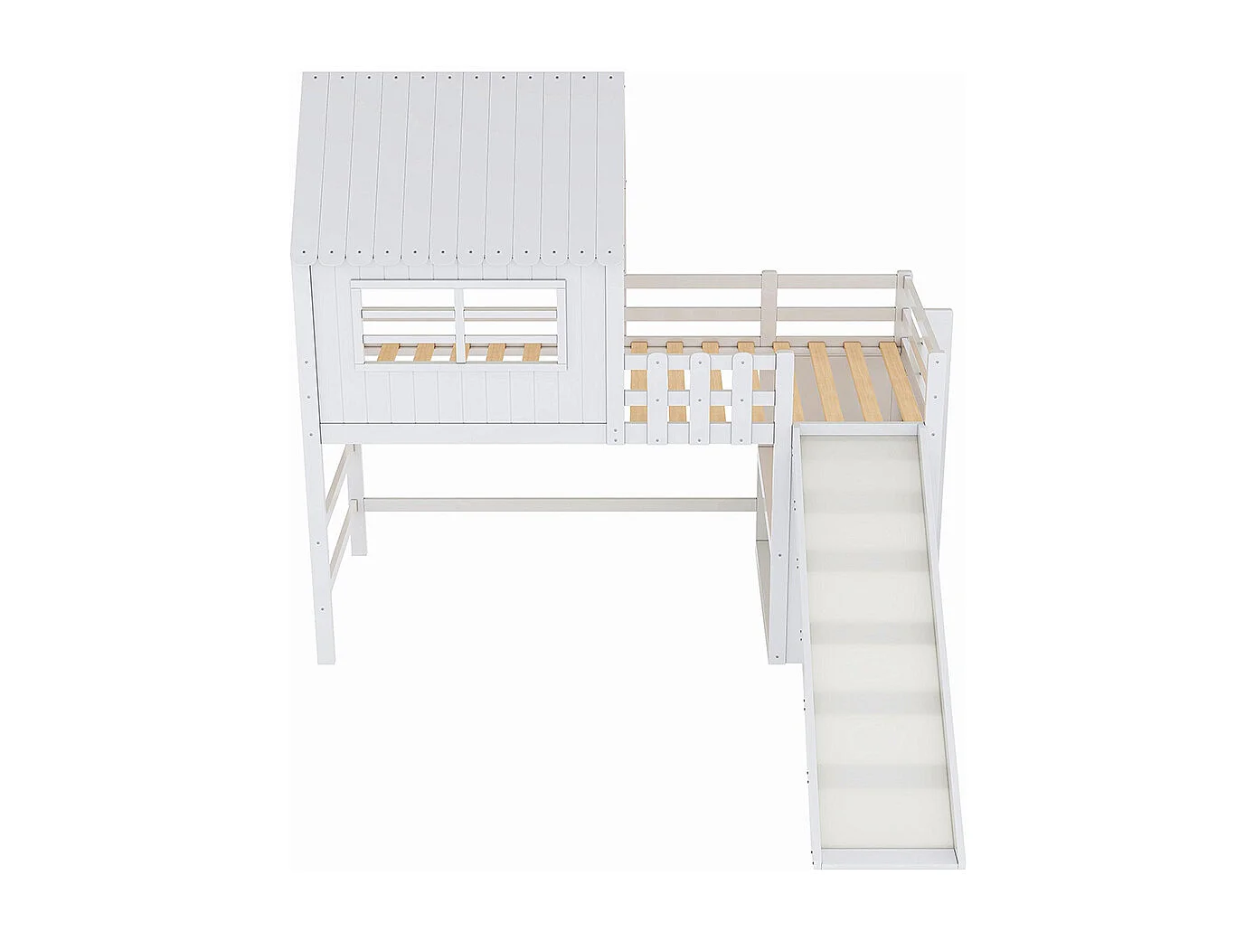 Lit enfant 90 x 200 cm, design mezzanine avec échelle de sécurité et toboggan, étagères de rangement à plusieurs niveaux, blanc
