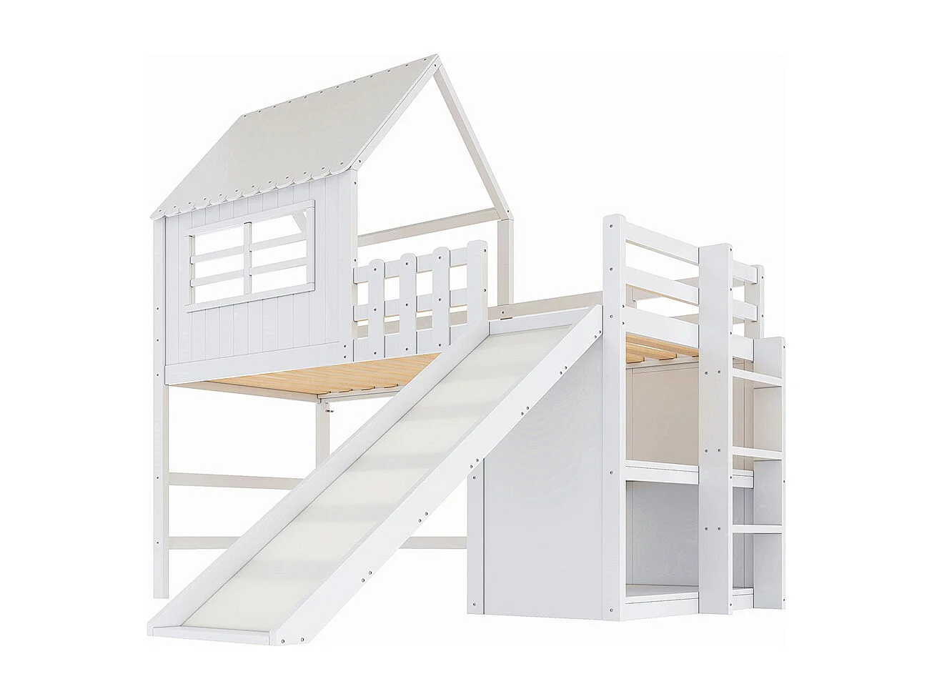 Lit enfant 90 x 200 cm, design mezzanine avec échelle de sécurité et toboggan, étagères de rangement à plusieurs niveaux, blanc