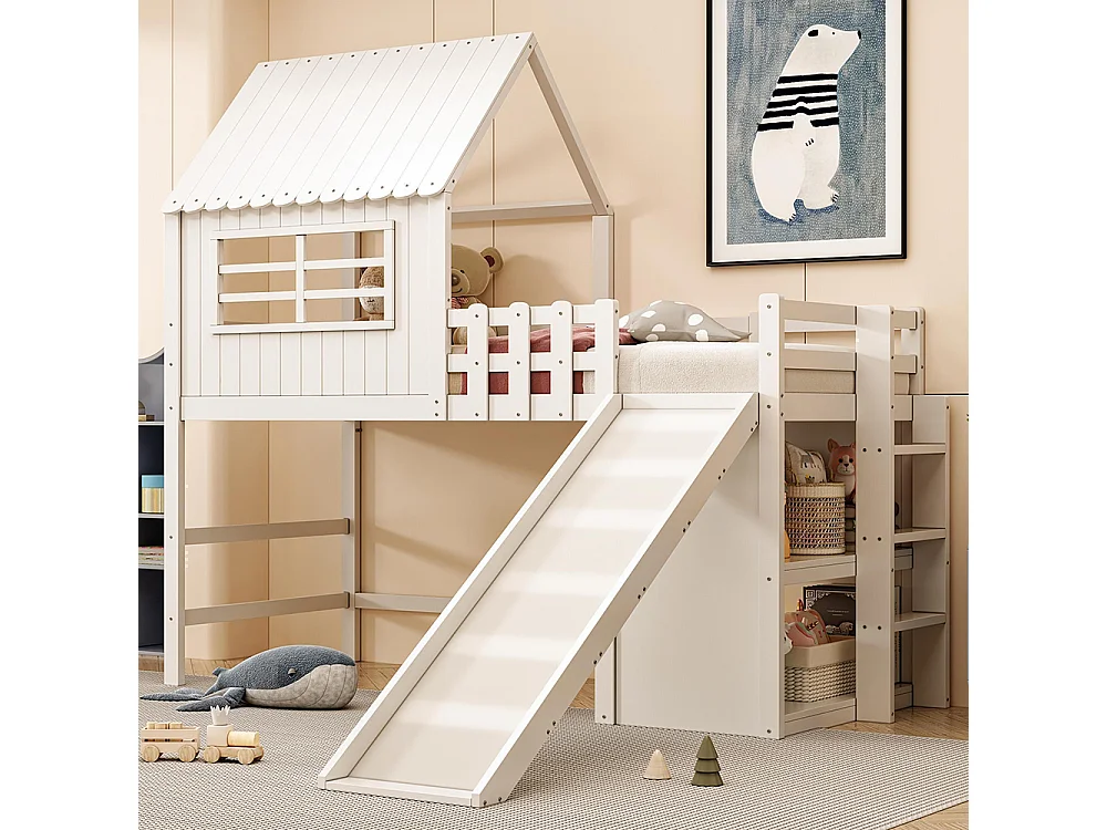 Lit enfant 90 x 200 cm, design mezzanine avec échelle de sécurité et toboggan, étagères de rangement à plusieurs niveaux, blanc