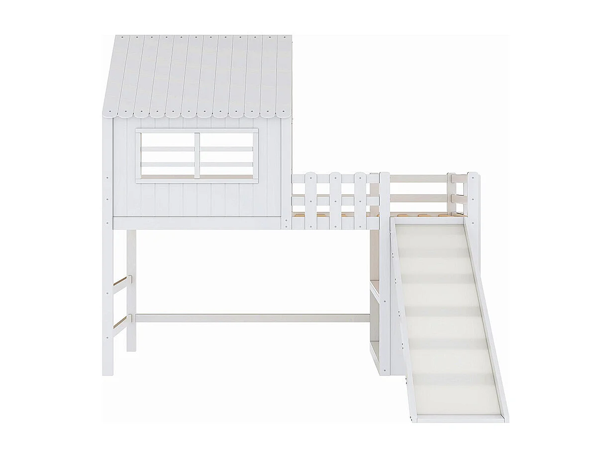 Lit enfant 90 x 200 cm, design mezzanine avec échelle de sécurité et toboggan, étagères de rangement à plusieurs niveaux, blanc