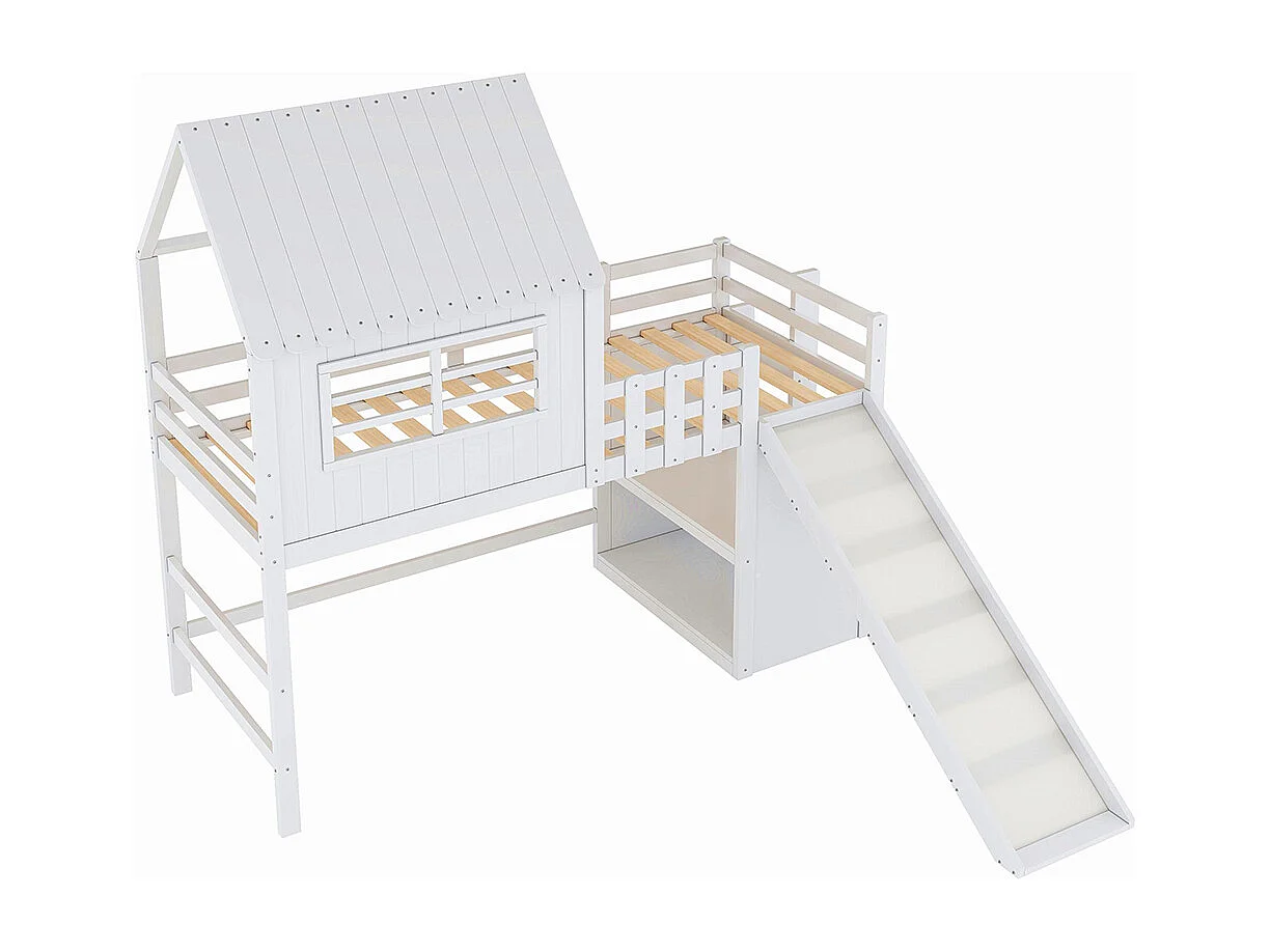 Lit enfant 90 x 200 cm, design mezzanine avec échelle de sécurité et toboggan, étagères de rangement à plusieurs niveaux, blanc