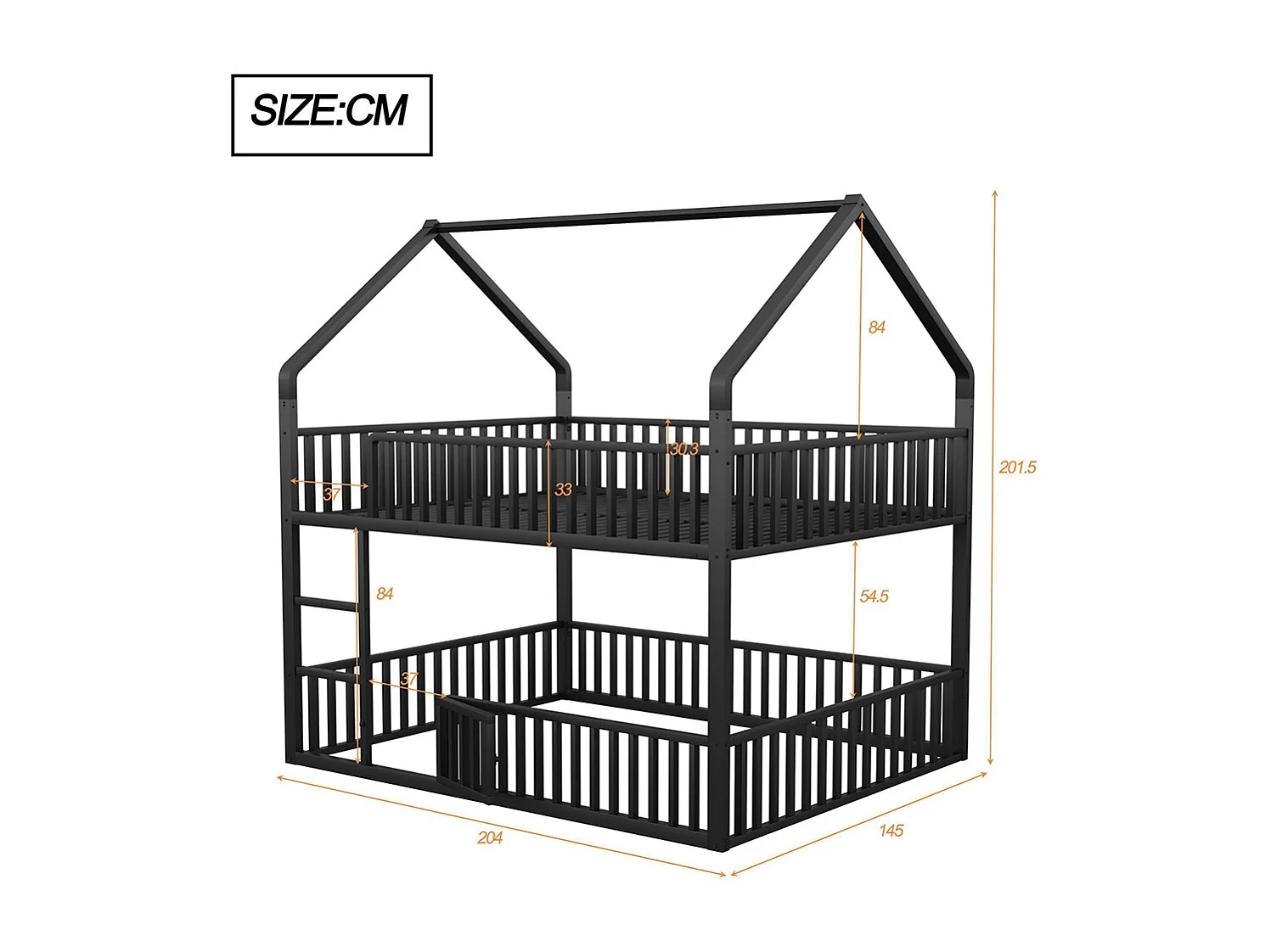 Lit superposé pour enfants, 140 x 200 cm, structure métallique avec échelle, conception loft avec porte d'accès à charnières, finition noire.