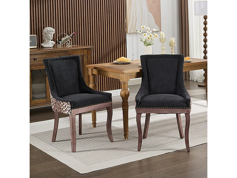 Extra brede eetkamerstoelen, gestoffeerde zittingen, bronzen spijkers, set van twee, luipaardprint