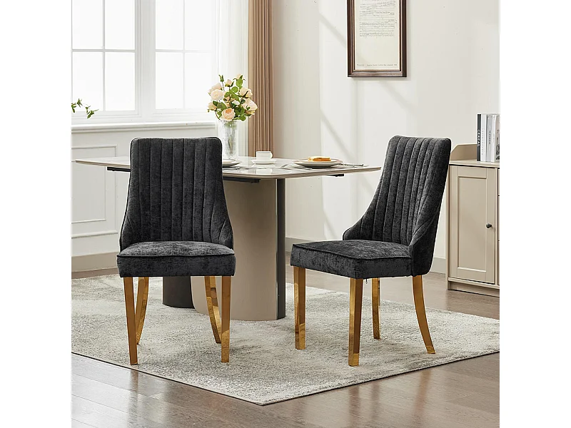 Eetkamerstoelen, set van twee, gestoffeerd met zachte vulling, gebogen poten van massief hout, linnen, zwart