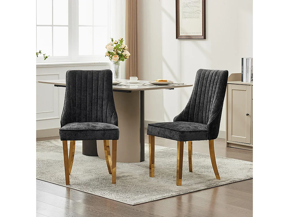 Chaises de salle à manger, lot de deux, rembourrées en tissu avec un rembourrage moelleux, pieds courbés en bois massif, lin,noir