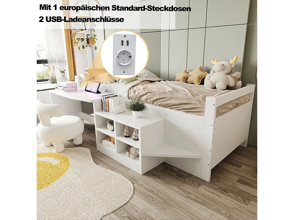 Lit enfant 90 × 200 cm avec coffre de rangement, bureau avec prise électrique, en bois, blanc