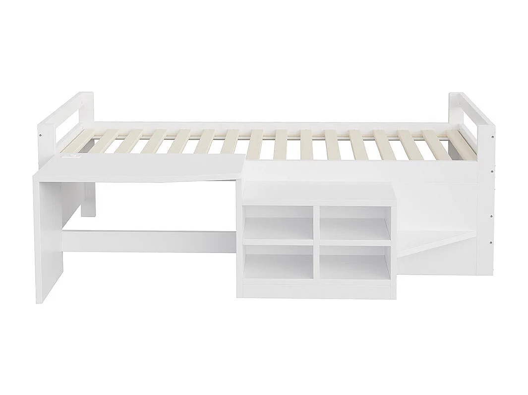 Lit enfant 90 × 200 cm avec coffre de rangement, bureau avec prise électrique, en bois, blanc
